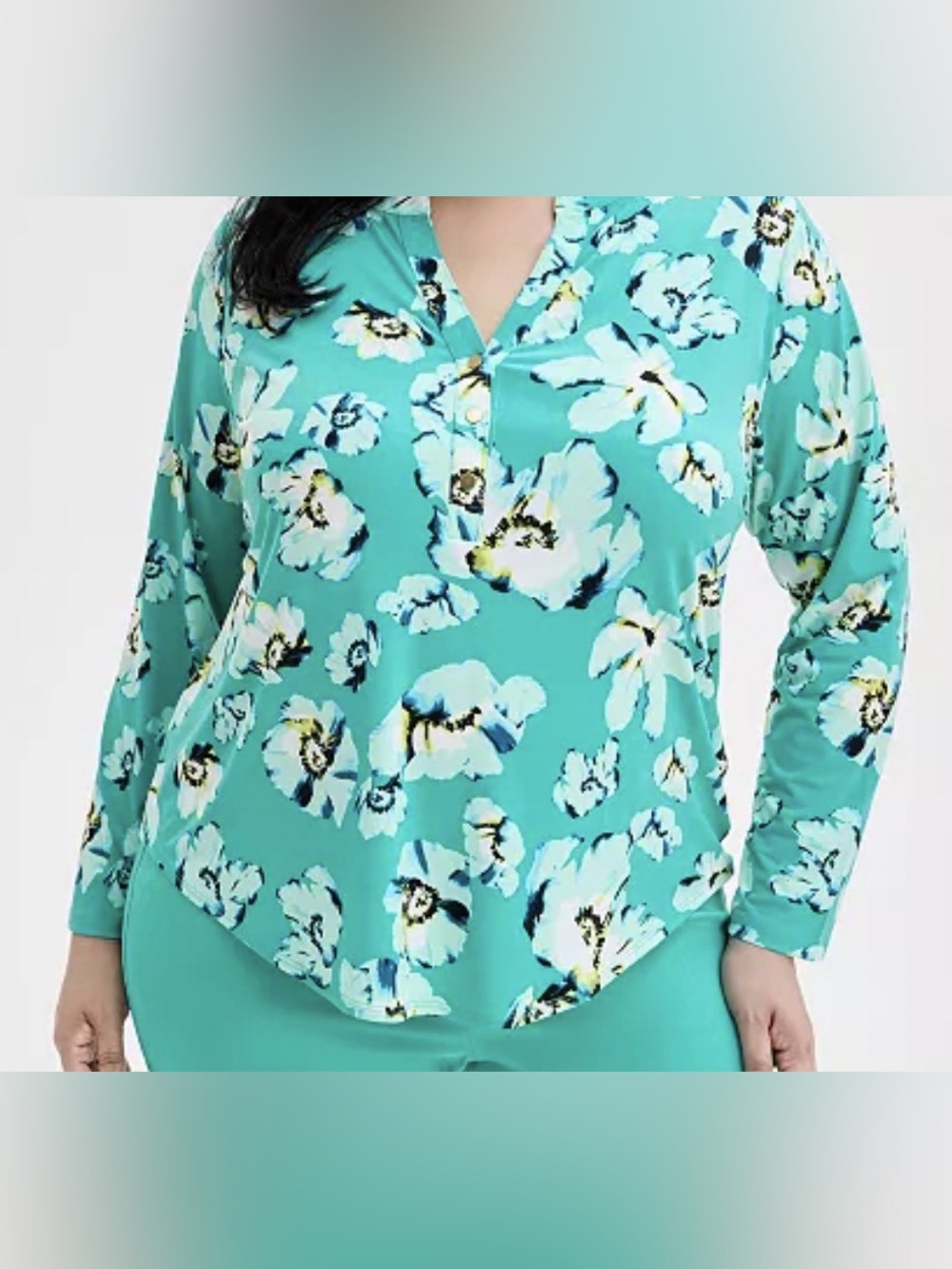 INC International Concepts Teal Floral Button-Front Long Sleeve Top